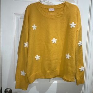 Pink Lily daisy embroidered sweater Sz L scoop neck